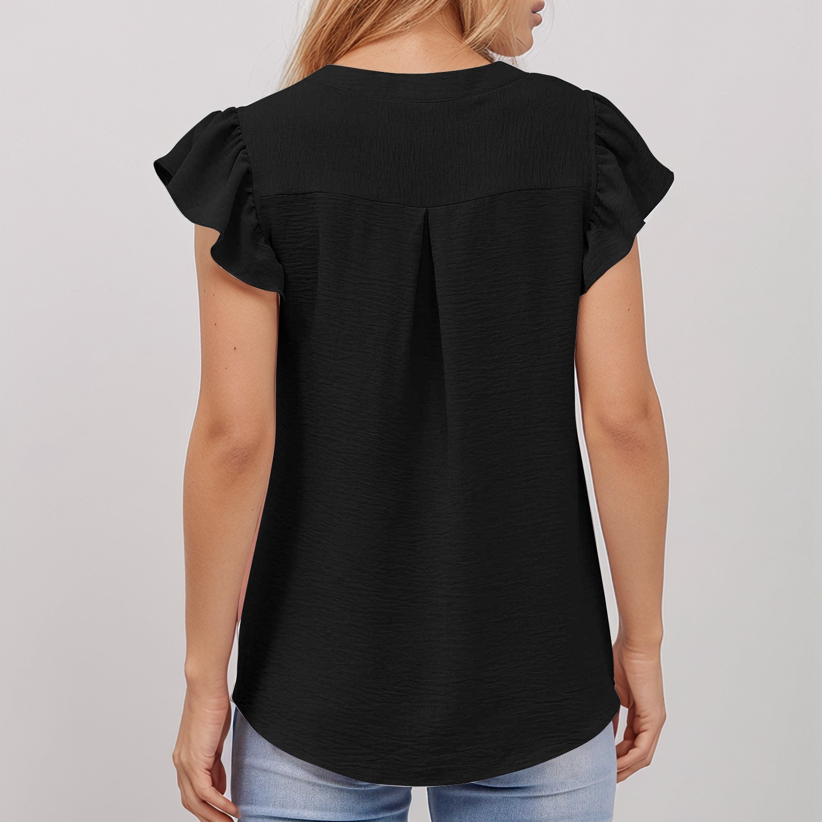 thumbnail image 4 of Blusa elegante informal con volantes en las mangas y cuello en V texturizado para mujer - Top de verano para el trabajo, 4 of 7